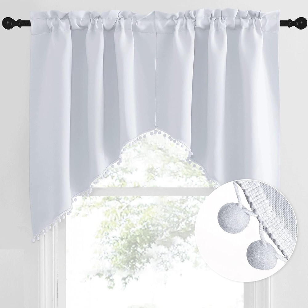 image:imageNICETOWN Blackout Window Treatment Pole Pocket Kitchen Tier Curtains Tailored Scalloped ValanceSwags for Living Room One Pair 36 Wide by 63inches Long Each Panel GreyPom Pomgreyish White