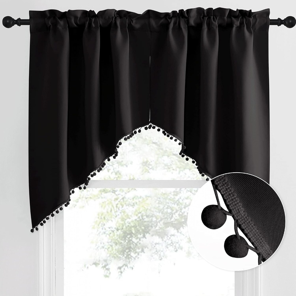 image:imageNICETOWN Blackout Window Treatment Pole Pocket Kitchen Tier Curtains Tailored Scalloped ValanceSwags for Living Room One Pair 36 Wide by 63inches Long Each Panel GreyPom Pomblack