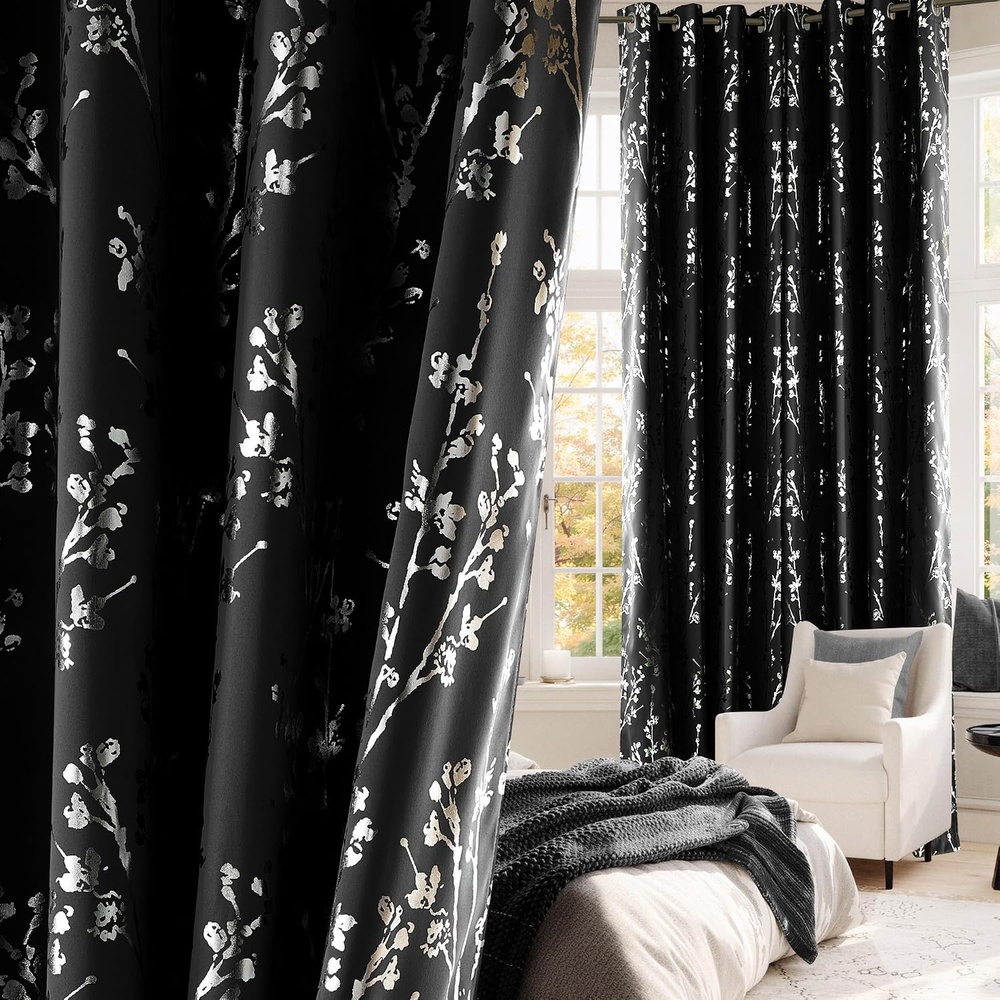 image:imageNICETOWN Grey Blackout Striped Pattern Curtains for Living Room 52 x 84Branch100 Blackout Black