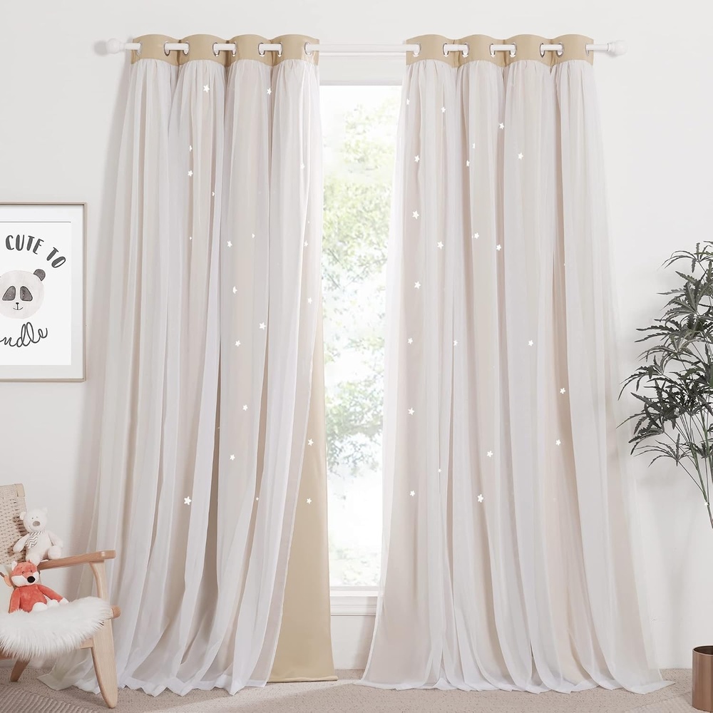 image:imageNICETOWN Kids Boys Blackout Curtains DoubleDeck Sheer Panel amp Star Drapes for Living Room Window Treatments with Tie Backs Blue 1 Pair W52 x L95Biscotti Beige