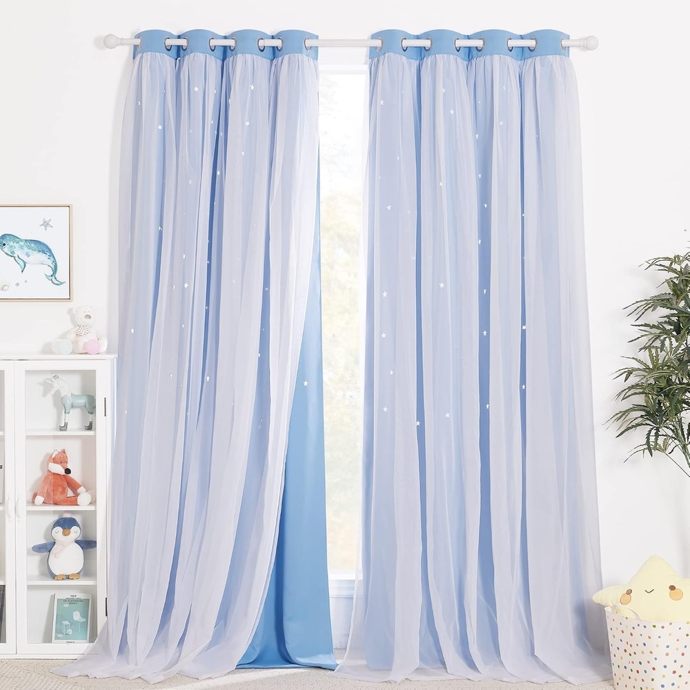 image:imageNICETOWN Kids Boys Blackout Curtains DoubleDeck Sheer Panel amp Star Drapes for Living Room Window Treatments with Tie Backs Blue 1 Pair W52 x L95Blue
