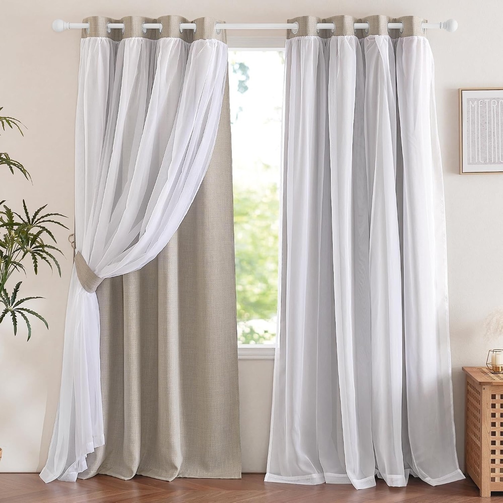 image:imageNICETOWN Kids Boys Blackout Curtains DoubleDeck Sheer Panel amp Star Drapes for Living Room Window Treatments with Tie Backs Blue 1 Pair W52 x L95Faux Linen Angora