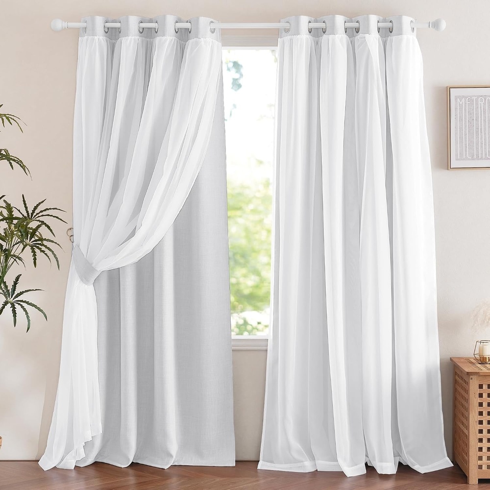 image:imageNICETOWN Kids Boys Blackout Curtains DoubleDeck Sheer Panel amp Star Drapes for Living Room Window Treatments with Tie Backs Blue 1 Pair W52 x L95Faux Linen Greyish White