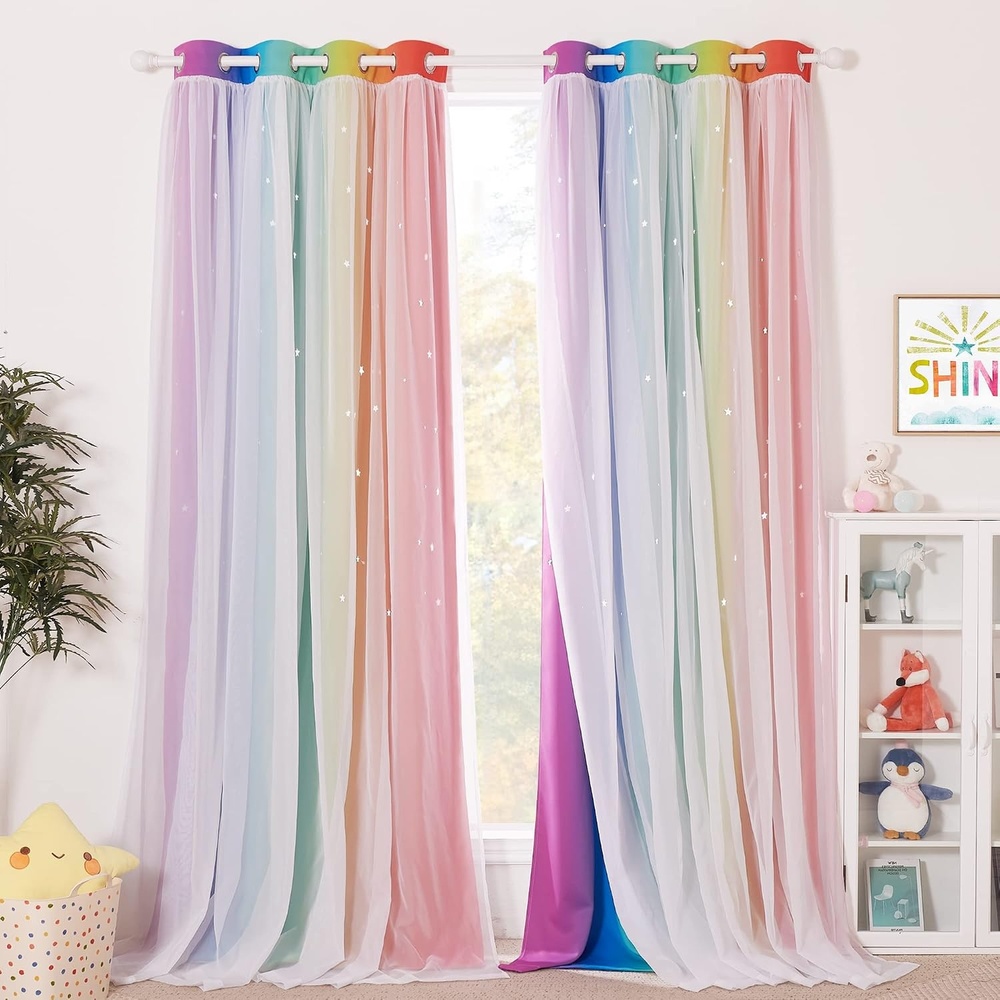 image:imageNICETOWN Kids Boys Blackout Curtains DoubleDeck Sheer Panel amp Star Drapes for Living Room Window Treatments with Tie Backs Blue 1 Pair W52 x L95Rainbow2