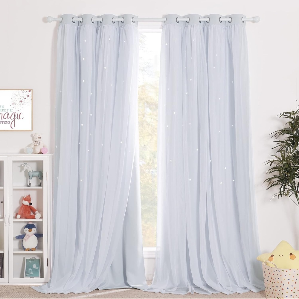image:imageNICETOWN Kids Boys Blackout Curtains DoubleDeck Sheer Panel amp Star Drapes for Living Room Window Treatments with Tie Backs Blue 1 Pair W52 x L95White