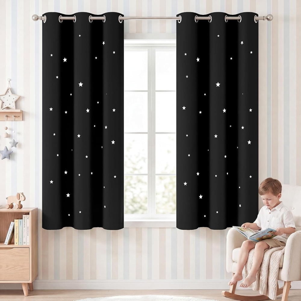 image:imageNICETOWN Sage Green Nursery Curtain with Cut Out Stars W52 x L63 2 PanelsBlack