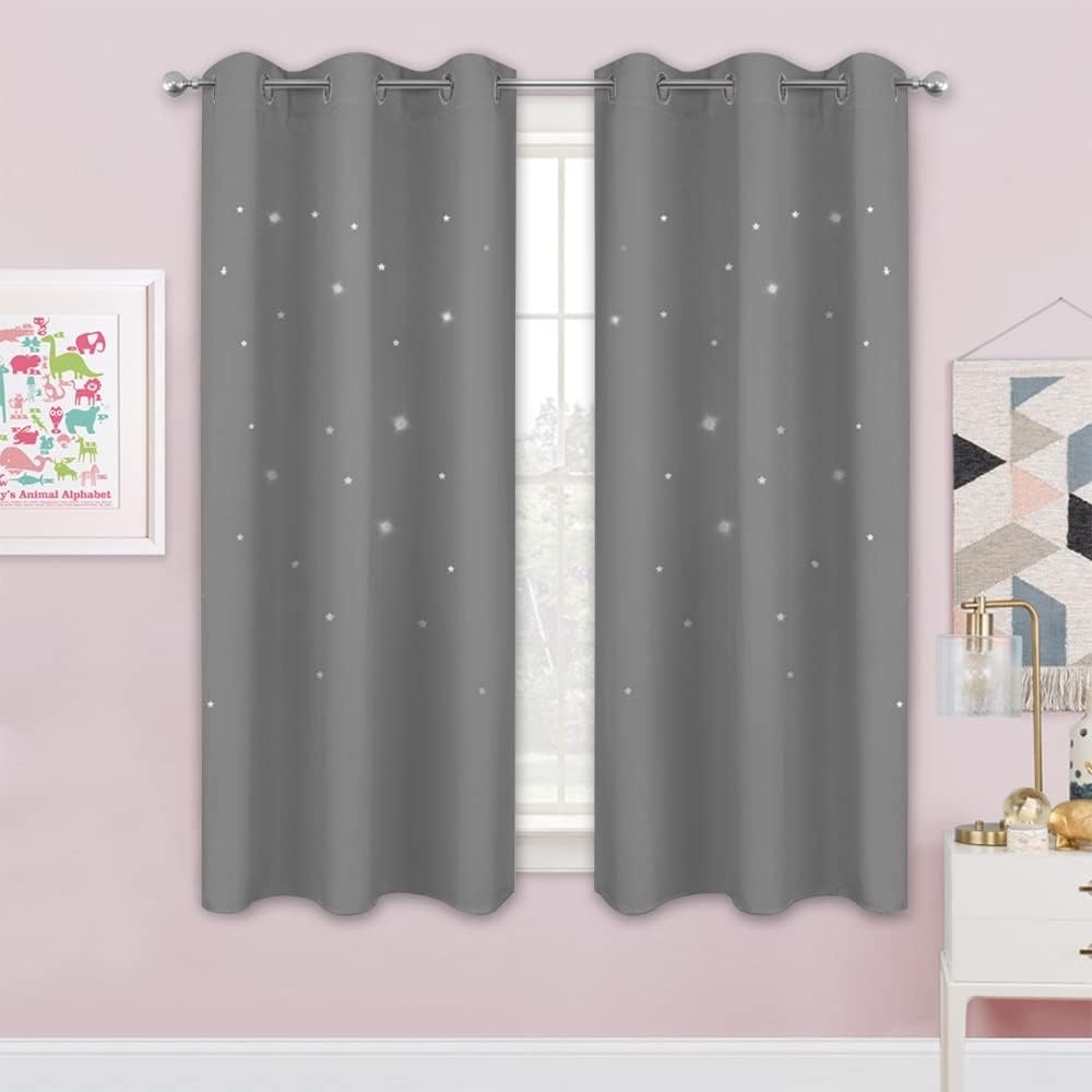 image:imageNICETOWN Sage Green Nursery Curtain with Cut Out Stars W52 x L63 2 PanelsSliver Grey