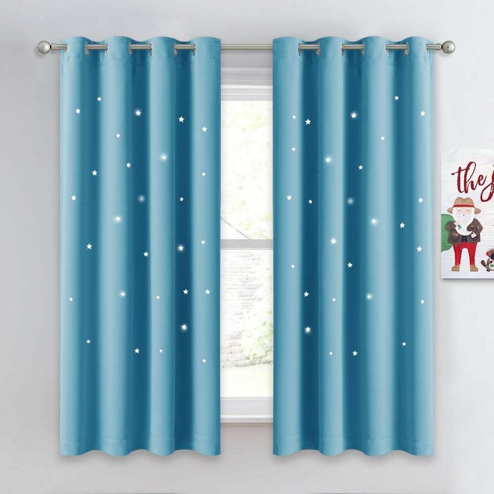 image:imageNICETOWN Sage Green Nursery Curtain with Cut Out Stars W52 x L63 2 PanelsTeal Blue