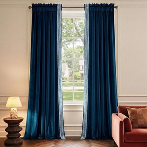 NICETOWN Black Velvet Blackout Curtains 96 inch Long 2 Panels(1 – Embroidered Trim – Navy Blue)
