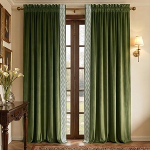 NICETOWN Black Velvet Blackout Curtains 96 inch Long 2 Panels(1 – Embroidered Trim – Olive Green)