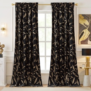 NICETOWN Black Velvet Blackout Curtains 96 inch Long 2 Panels(2 – Leaf Pattern – Black)