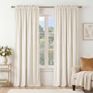 NICETOWN Black Velvet Blackout Curtains 96 inch Long 2 Panels(3 – Pom Pom – Ivory White)