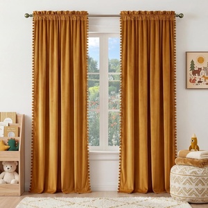 NICETOWN Black Velvet Blackout Curtains 96 inch Long 2 Panels(3 – Pom Pom – Mustard Gold)