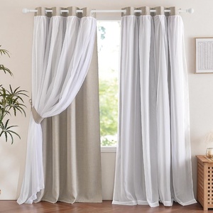 NICETOWN Kids Boys Blackout Curtains, Double-Deck Sheer Panel & Star Drapes for Living Room, Window Treatments with Tie Backs (Blue, 1 Pair, W52 x L95)(Faux Linen | Angora)