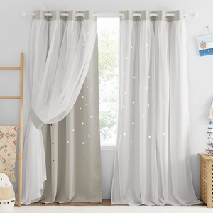 NICETOWN Kids Boys Blackout Curtains, Double-Deck Sheer Panel & Star Drapes for Living Room, Window Treatments with Tie Backs (Blue, 1 Pair, W52 x L95)(Natural)