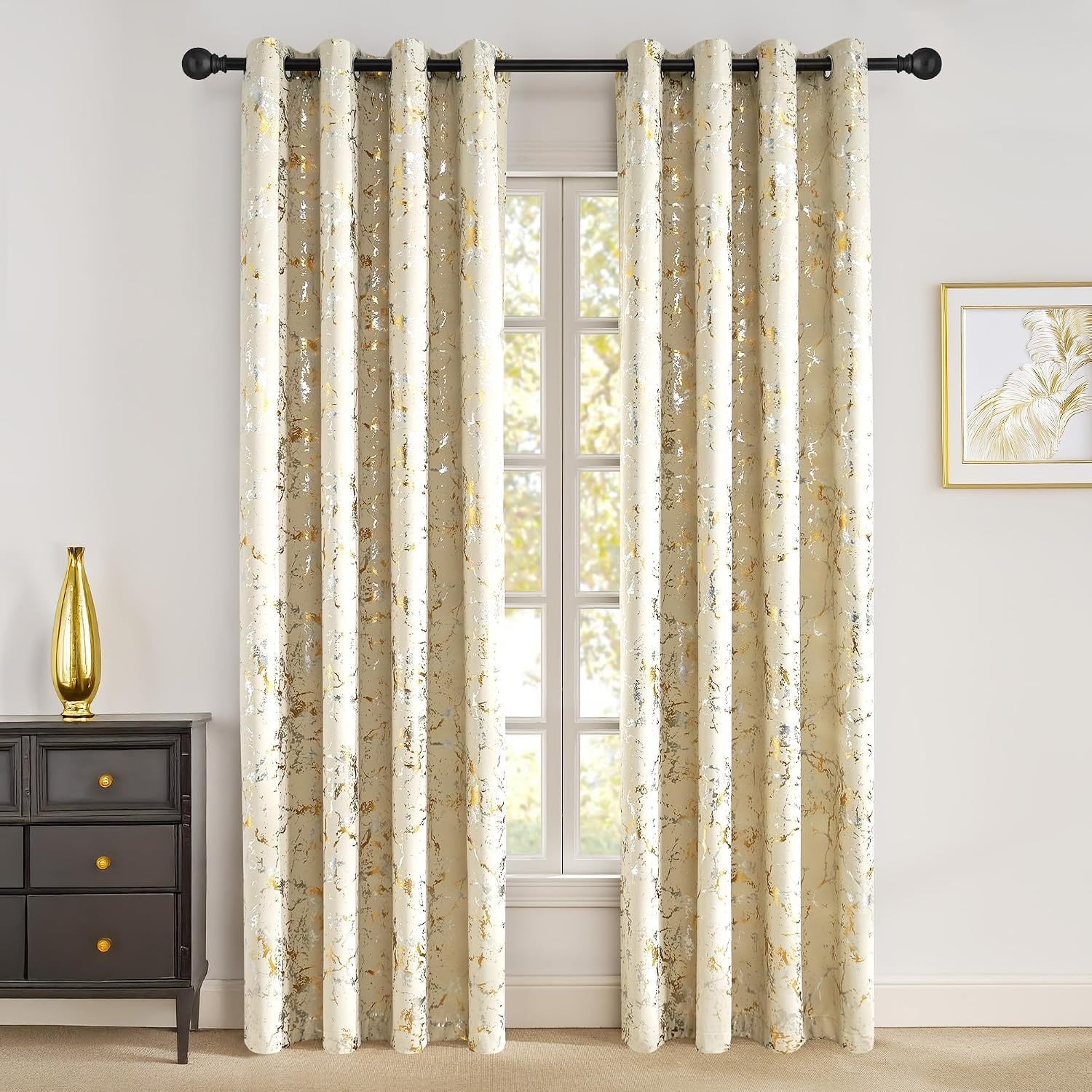 image:imageNICETOWN 100 Blackout Curtains Silver and Gold Patterned for Bedroom Living Room 84 Inches Long Marble Print Room Darkening Noise Reducing Thermal Insulated Grommet Abstract Drapes 52 W 2 PanelsLight Beige