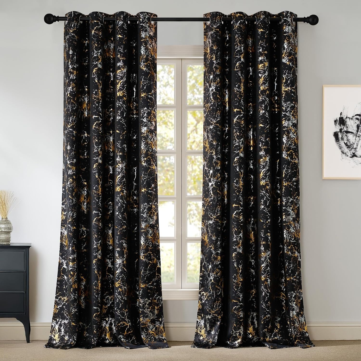 image:imageNICETOWN 100 Blackout Curtains Silver and Gold Patterned for Bedroom Living Room 84 Inches Long Marble Print Room Darkening Noise Reducing Thermal Insulated Grommet Abstract Drapes 52 W 2 PanelsBlack