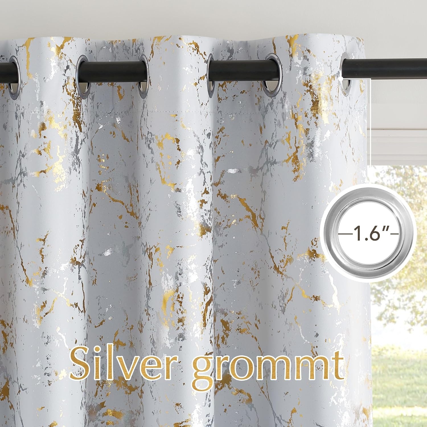 image:imageNICETOWN 100 Blackout Curtains Silver and Gold Patterned for Bedroom Living Room 84 Inches Long Marble Print Room Darkening Noise Reducing Thermal Insulated Grommet Abstract Drapes 52 W 2 PanelsGreyish White