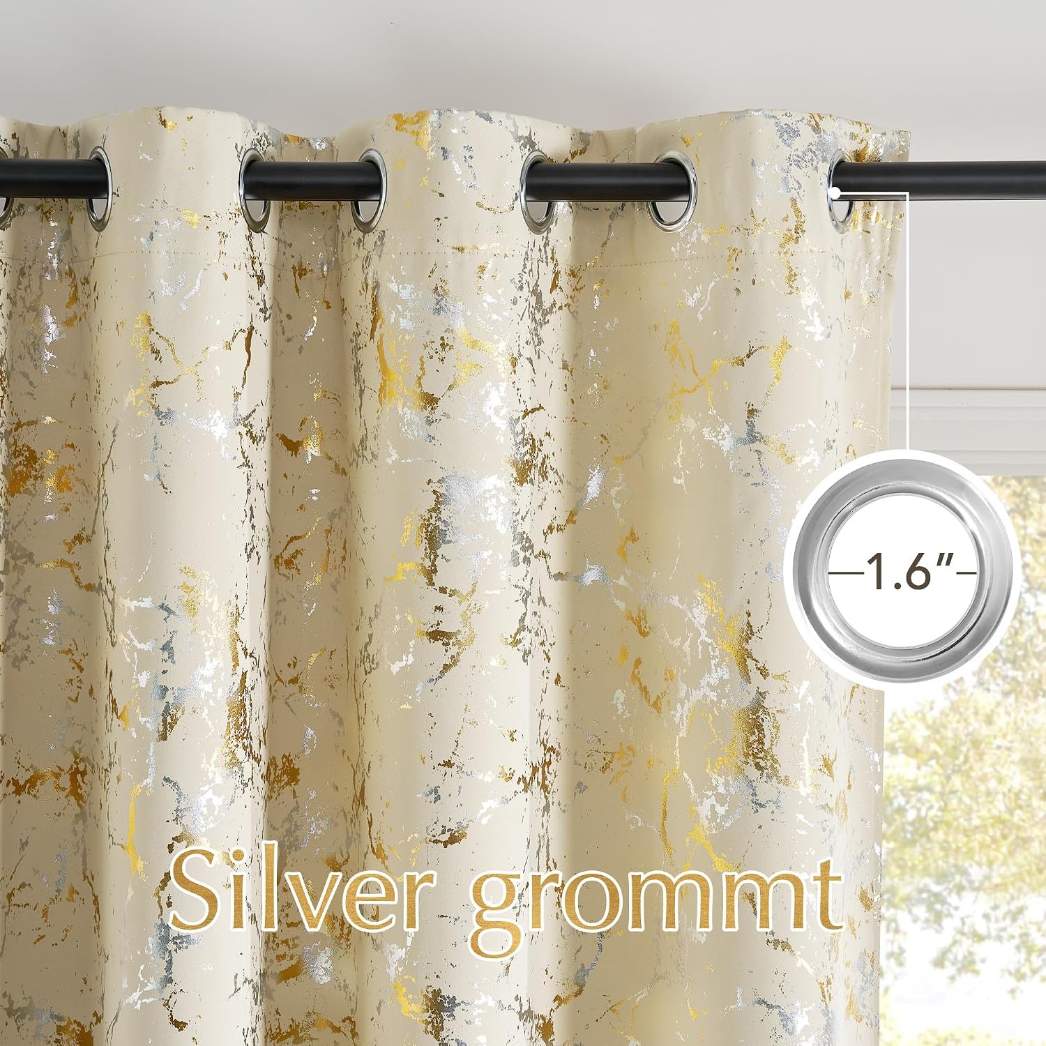 image:imageNICETOWN 100 Blackout Curtains Silver and Gold Patterned for Bedroom Living Room 84 Inches Long Marble Print Room Darkening Noise Reducing Thermal Insulated Grommet Abstract Drapes 52 W 2 PanelsLight Beige