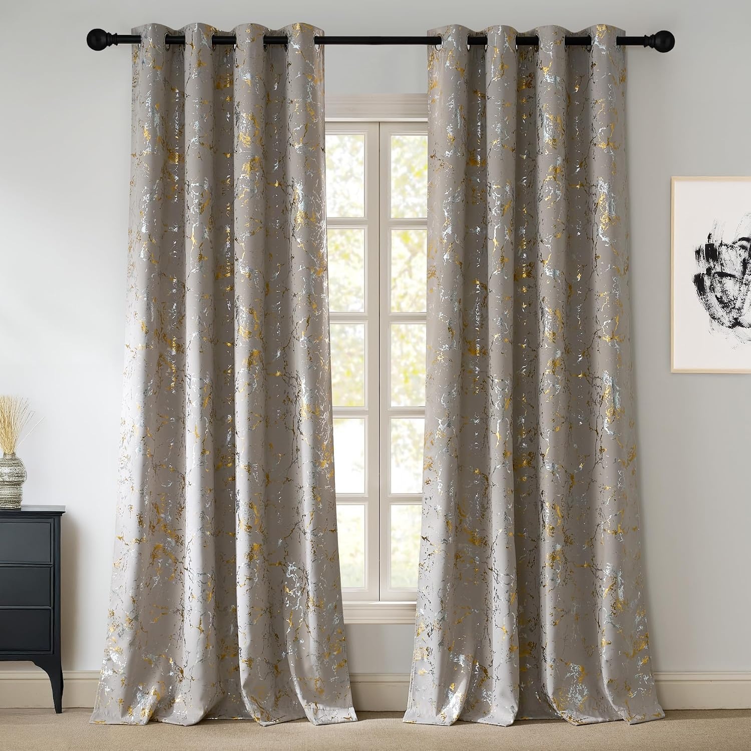 image:imageNICETOWN 100 Blackout Curtains Silver and Gold Patterned for Bedroom Living Room 84 Inches Long Marble Print Room Darkening Noise Reducing Thermal Insulated Grommet Abstract Drapes 52 W 2 PanelsNatural