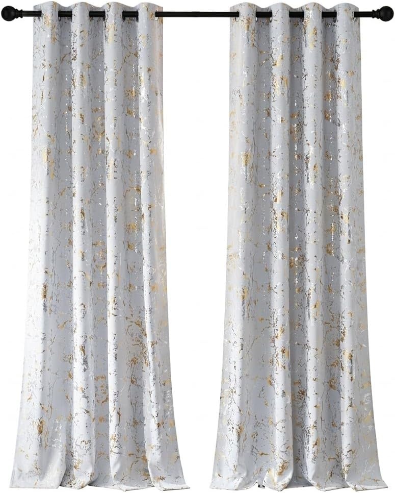image:imageNICETOWN 100 Blackout Curtains Silver and Gold Patterned for Bedroom Living Room 84 Inches Long Marble Print Room Darkening Noise Reducing Thermal Insulated Grommet Abstract Drapes 52 W 2 PanelsGreyish White