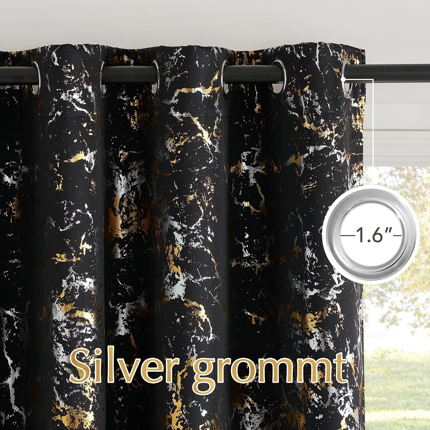 image:imageNICETOWN 100 Blackout Curtains Silver and Gold Patterned for Bedroom Living Room 84 Inches Long Marble Print Room Darkening Noise Reducing Thermal Insulated Grommet Abstract Drapes 52 W 2 PanelsBlack