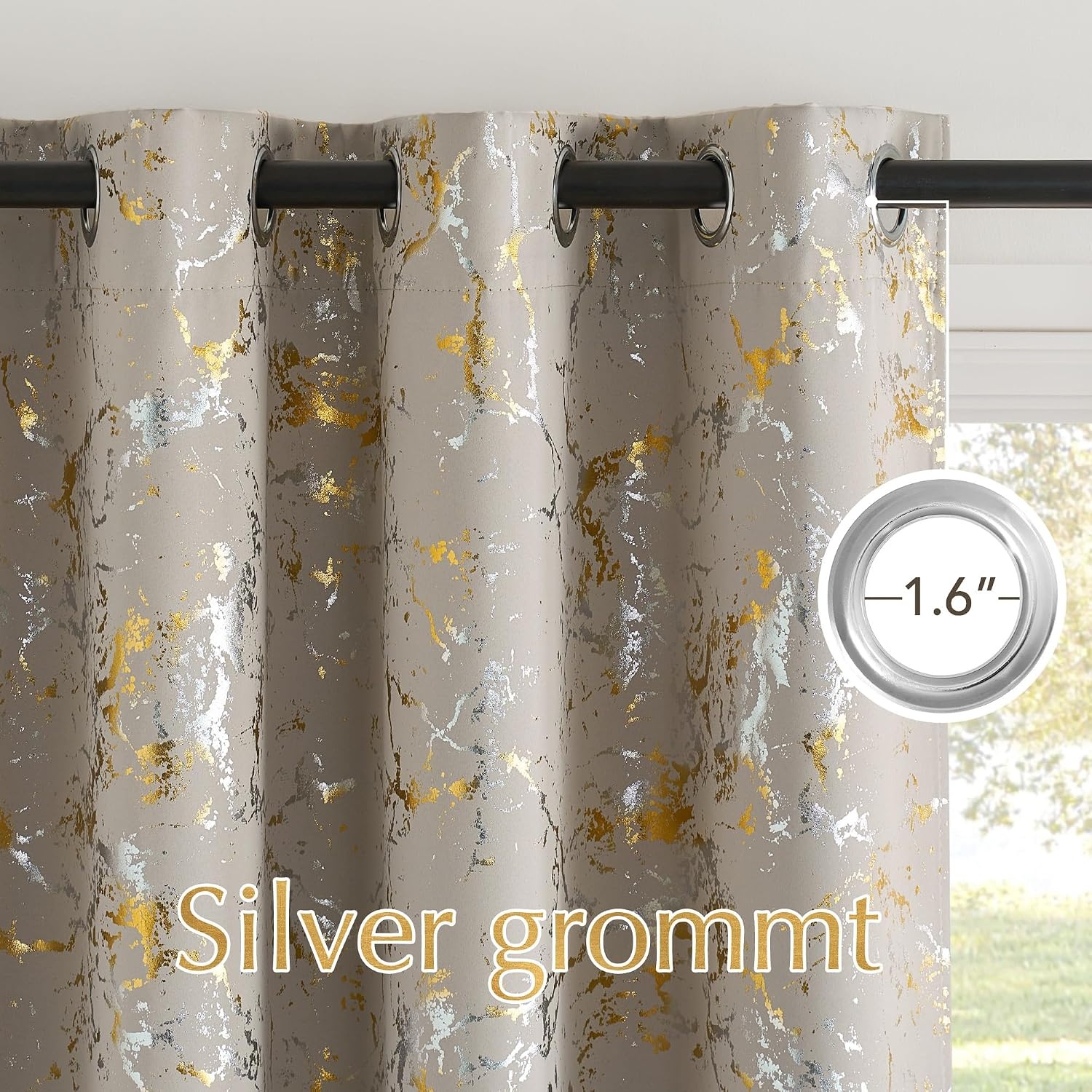 image:imageNICETOWN 100 Blackout Curtains Silver and Gold Patterned for Bedroom Living Room 84 Inches Long Marble Print Room Darkening Noise Reducing Thermal Insulated Grommet Abstract Drapes 52 W 2 PanelsNatural