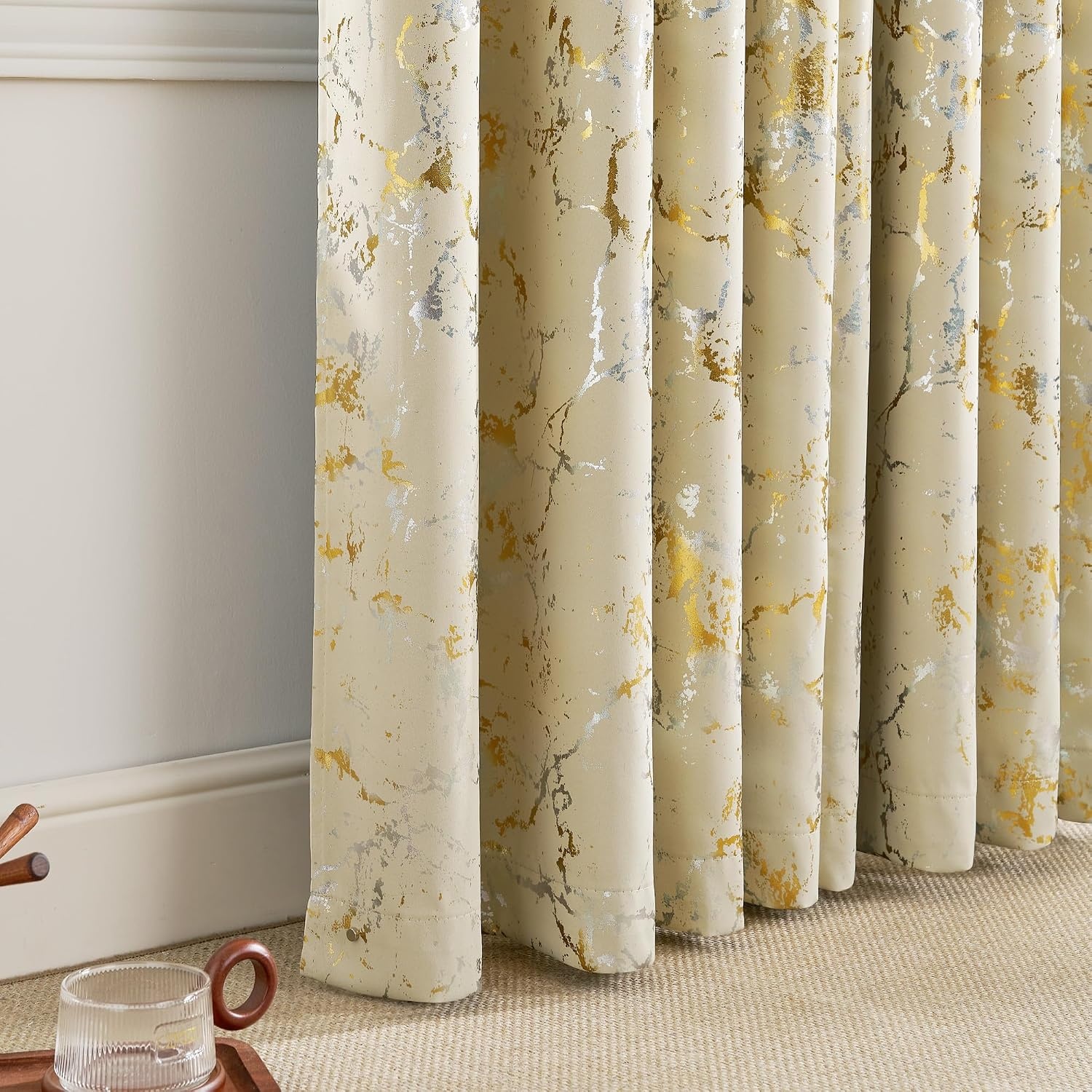 image:imageNICETOWN 100 Blackout Silver and Gold Patterned Curtains for Living Room Bedroom Beige Marble Print with Sheer Curtains Grommet Casual Voile Sheer with Light Filter Window Treatments