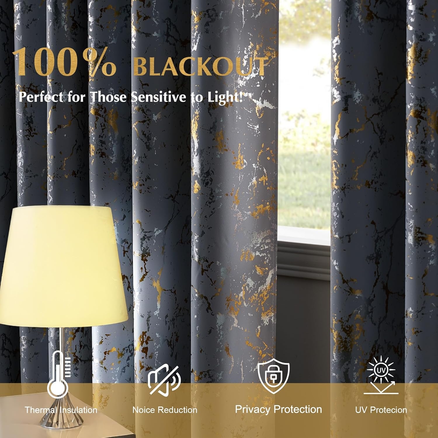image:imageNICETOWN 100 Blackout Silver and Gold Patterned Curtains for Living Room Bedroom Marble Print with Sheer Curtains 84 Inches Long Ring Top Solid Voile Window Draperies Elegant Panels