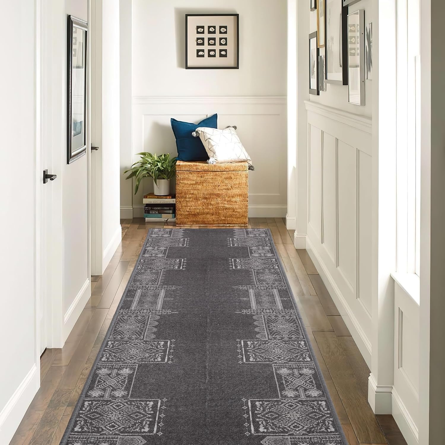 image:imageNICETOWN 8x10 UltraThin Brown Oriental Rug for Bedroom Tumble Washable Area Rugs 8x10 Boho NonSlip Vintage Living Room Rugs Oriental Carpet Entrance for Kitchen Laundry Bathroom BedroomDark Grey