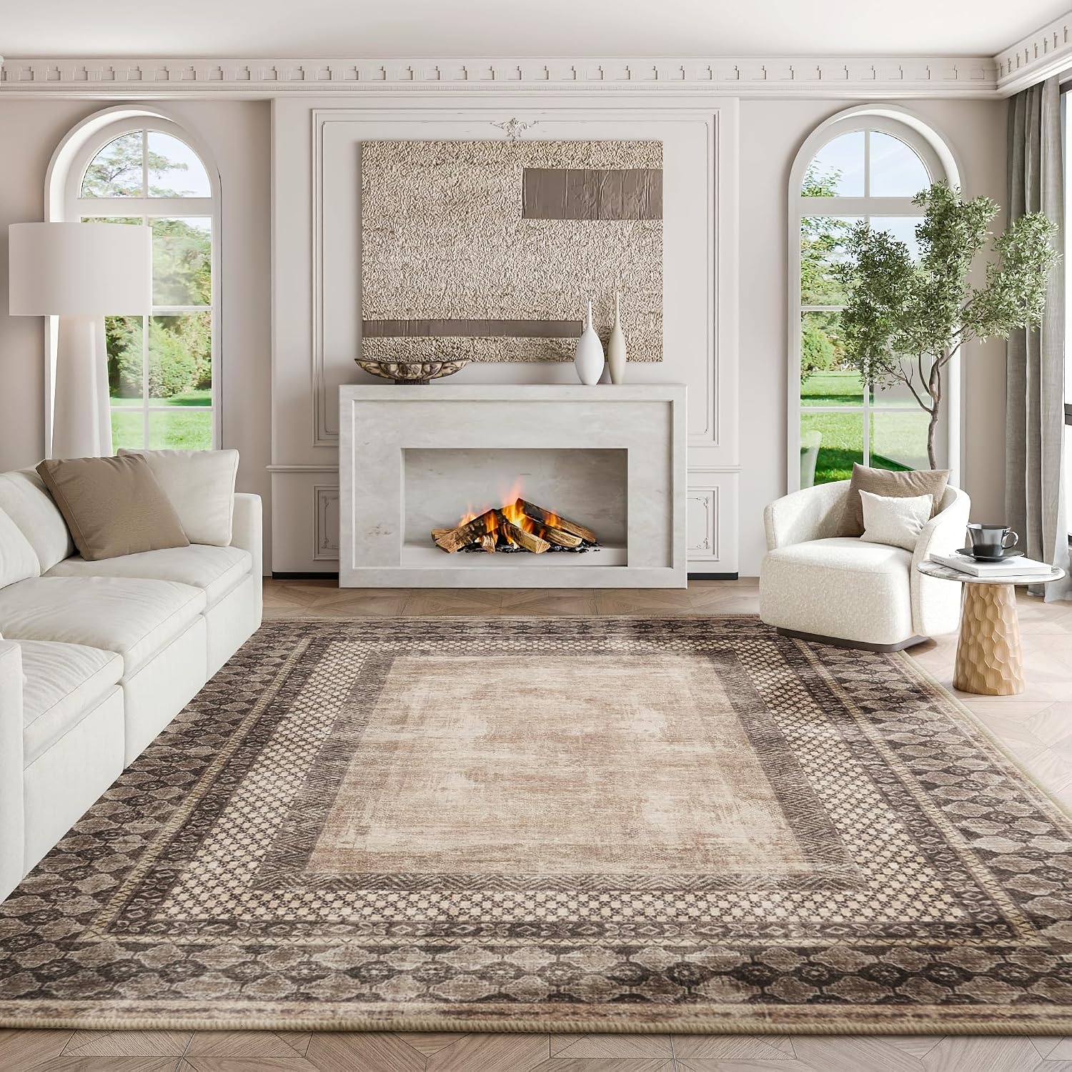 image:imageNICETOWN 8x10 UltraThin Brown Oriental Rug for Bedroom Tumble Washable Area Rugs 8x10 Boho NonSlip Vintage Living Room Rugs Oriental Carpet Entrance for Kitchen Laundry Bathroom BedroomBrown