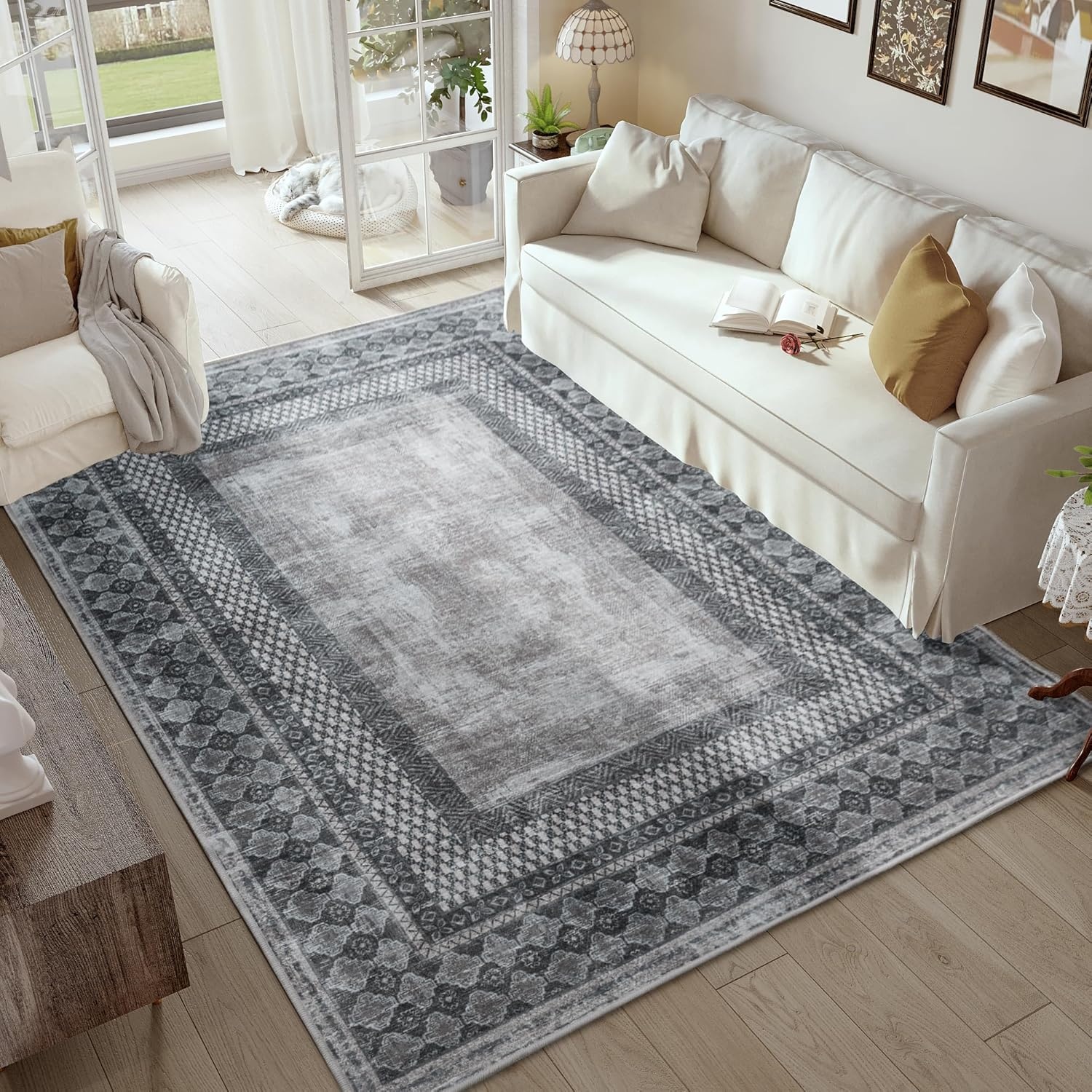 image:imageNICETOWN 8x10 UltraThin Brown Oriental Rug for Bedroom Tumble Washable Area Rugs 8x10 Boho NonSlip Vintage Living Room Rugs Oriental Carpet Entrance for Kitchen Laundry Bathroom BedroomGrey