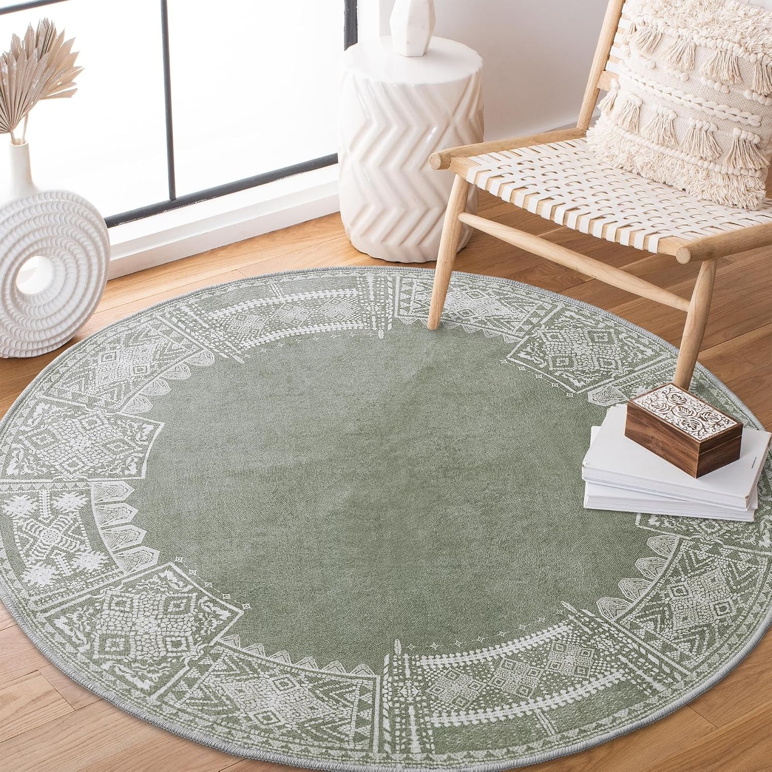 image:imageNICETOWN 8x10 UltraThin Brown Oriental Rug for Bedroom Tumble Washable Area Rugs 8x10 Boho NonSlip Vintage Living Room Rugs Oriental Carpet Entrance for Kitchen Laundry Bathroom BedroomSage Green