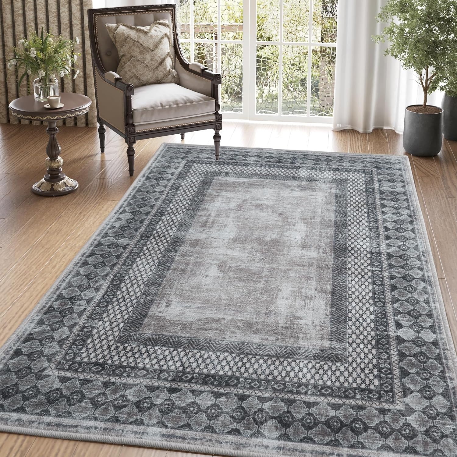 image:imageNICETOWN 8x10 UltraThin Brown Oriental Rug for Bedroom Tumble Washable Area Rugs 8x10 Boho NonSlip Vintage Living Room Rugs Oriental Carpet Entrance for Kitchen Laundry Bathroom BedroomGrey