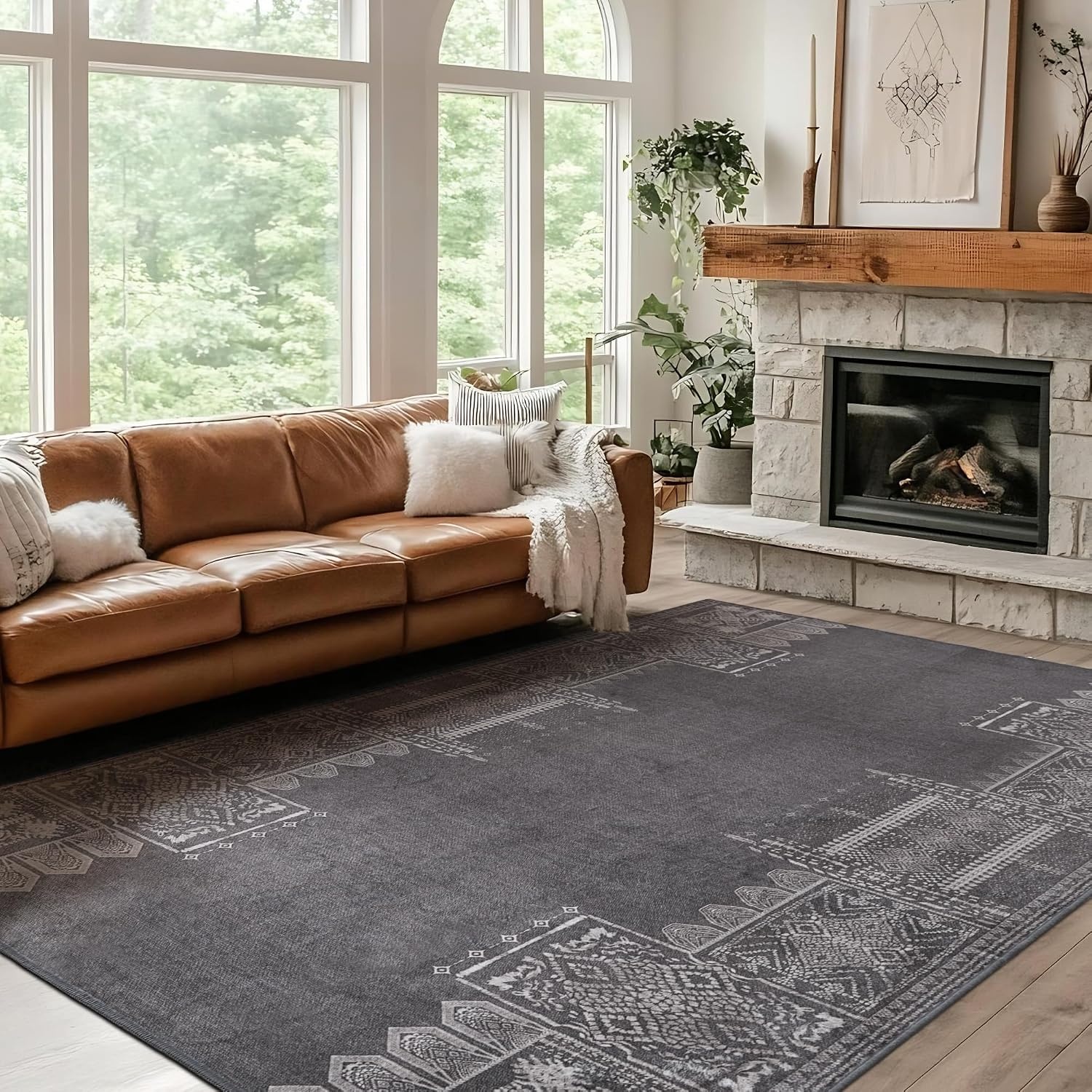 image:imageNICETOWN 8x10 UltraThin Brown Oriental Rug for Bedroom Tumble Washable Area Rugs 8x10 Boho NonSlip Vintage Living Room Rugs Oriental Carpet Entrance for Kitchen Laundry Bathroom BedroomDark Grey