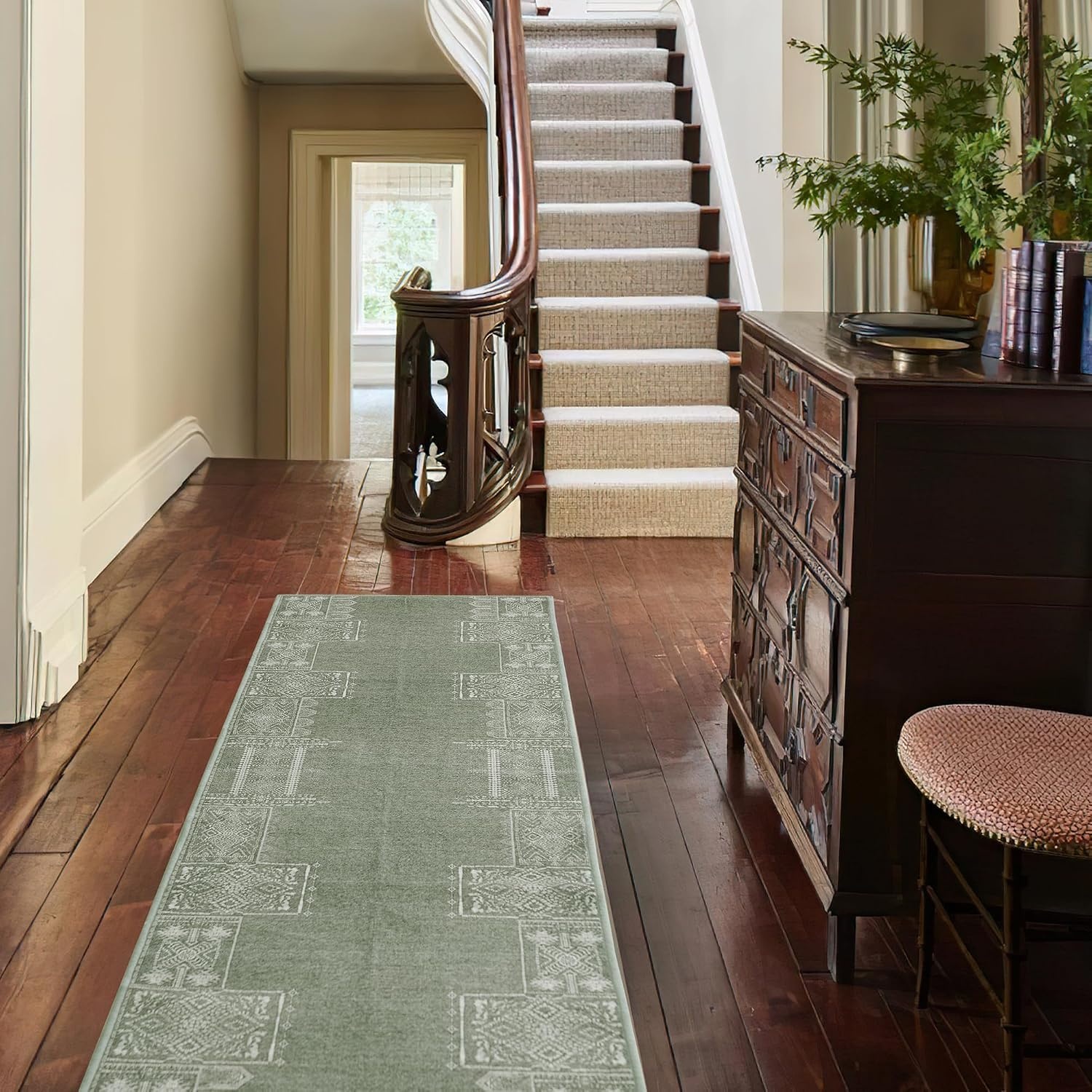 image:imageNICETOWN 8x10 UltraThin Brown Oriental Rug for Bedroom Tumble Washable Area Rugs 8x10 Boho NonSlip Vintage Living Room Rugs Oriental Carpet Entrance for Kitchen Laundry Bathroom BedroomSage Green