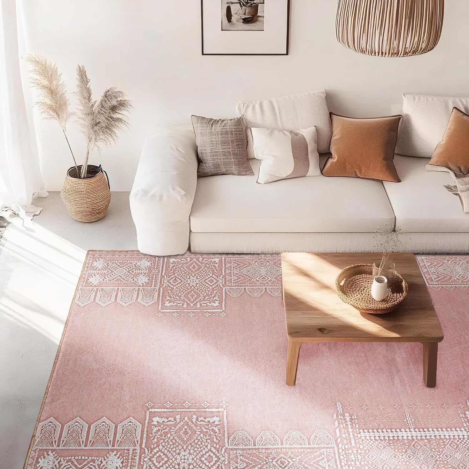 image:imageNICETOWN 8x10 UltraThin Brown Oriental Rug for Bedroom Tumble Washable Area Rugs 8x10 Boho NonSlip Vintage Living Room Rugs Oriental Carpet Entrance for Kitchen Laundry Bathroom BedroomPink