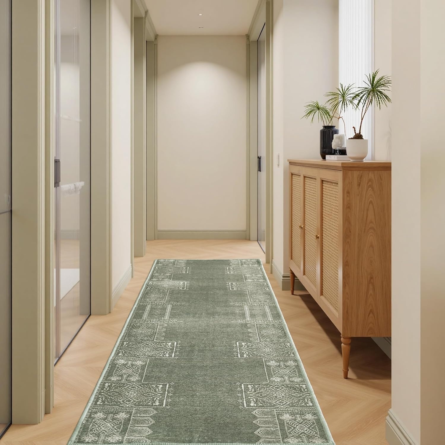 image:imageNICETOWN 8x10 UltraThin Brown Oriental Rug for Bedroom Tumble Washable Area Rugs 8x10 Boho NonSlip Vintage Living Room Rugs Oriental Carpet Entrance for Kitchen Laundry Bathroom BedroomSage Green