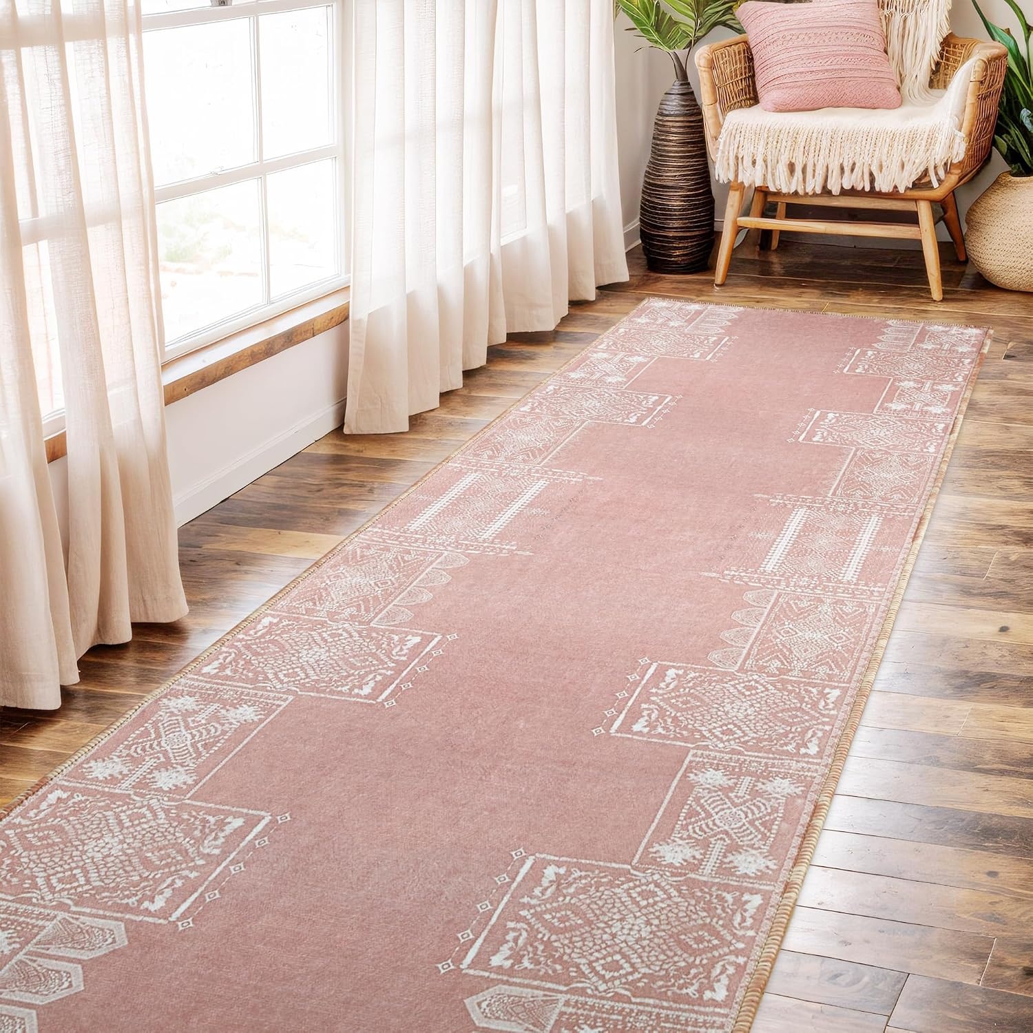 image:imageNICETOWN 8x10 UltraThin Brown Oriental Rug for Bedroom Tumble Washable Area Rugs 8x10 Boho NonSlip Vintage Living Room Rugs Oriental Carpet Entrance for Kitchen Laundry Bathroom BedroomPink
