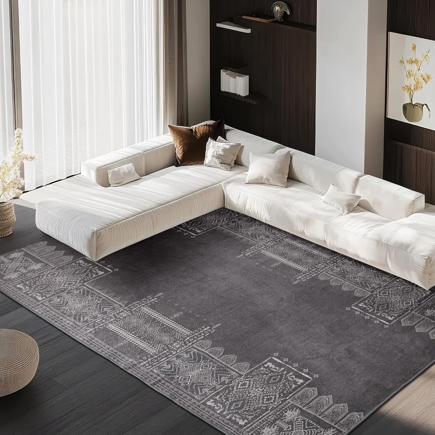 image:imageNICETOWN 8x10 UltraThin Brown Oriental Rug for Bedroom Tumble Washable Area Rugs 8x10 Boho NonSlip Vintage Living Room Rugs Oriental Carpet Entrance for Kitchen Laundry Bathroom BedroomDark Grey