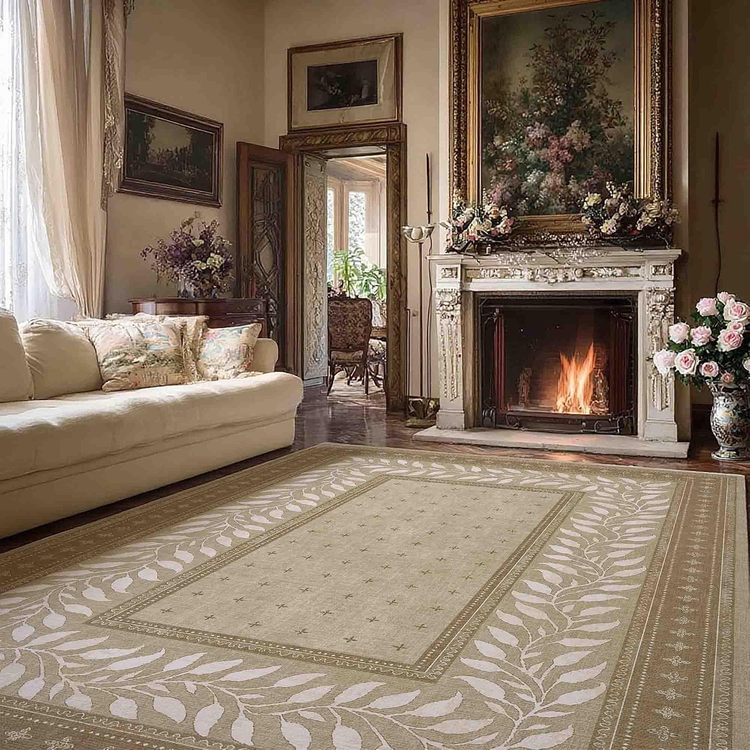 image:imageNICETOWN 8x10 UltraThin Brown Oriental Rug for Bedroom Tumble Washable Area Rugs 8x10 Boho NonSlip Vintage Living Room Rugs Oriental Carpet Entrance for Kitchen Laundry Bathroom BedroomNatural