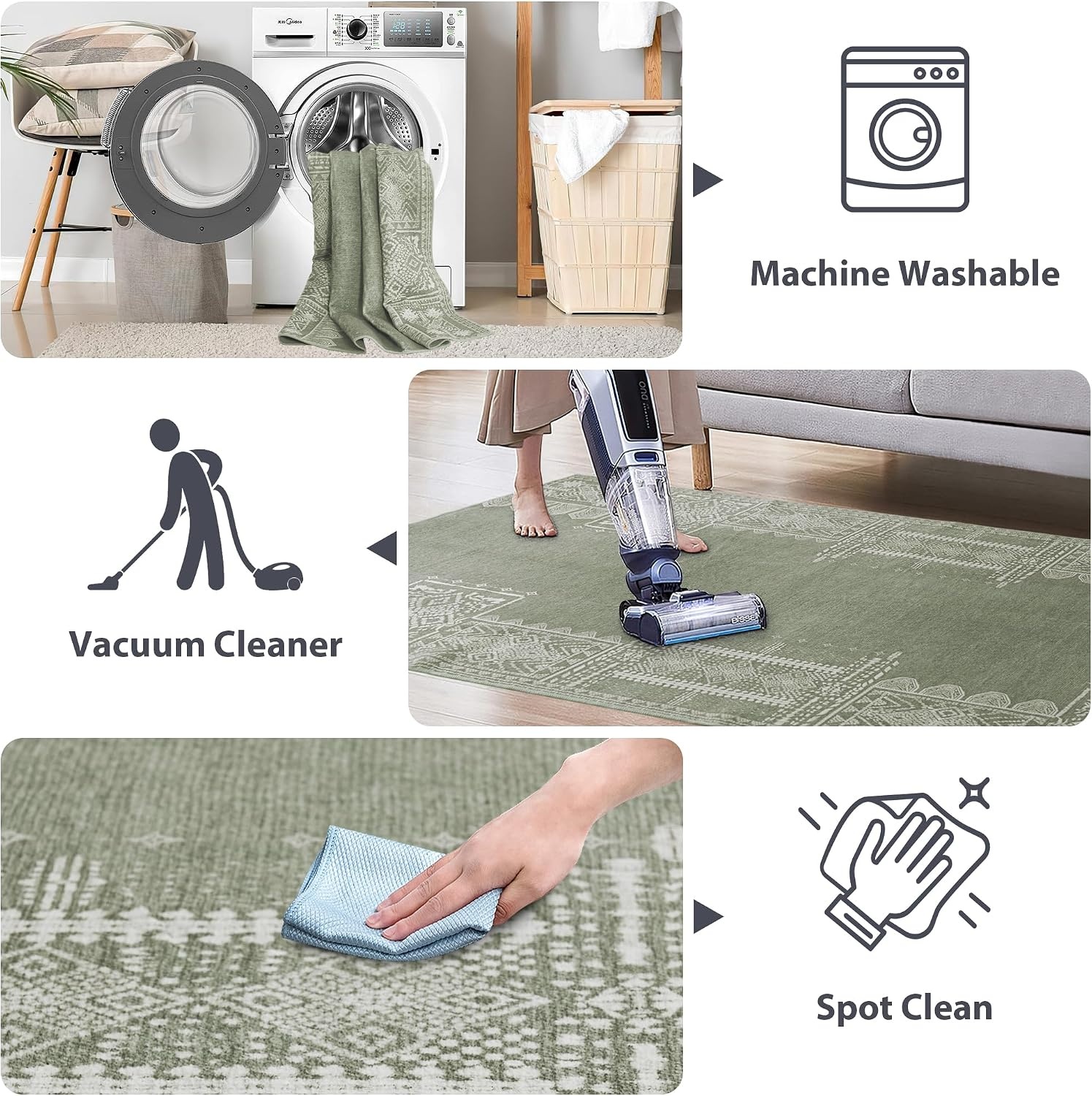 image:imageNICETOWN 8x10 UltraThin Brown Oriental Rug for Bedroom Tumble Washable Area Rugs 8x10 Boho NonSlip Vintage Living Room Rugs Oriental Carpet Entrance for Kitchen Laundry Bathroom BedroomSage Green