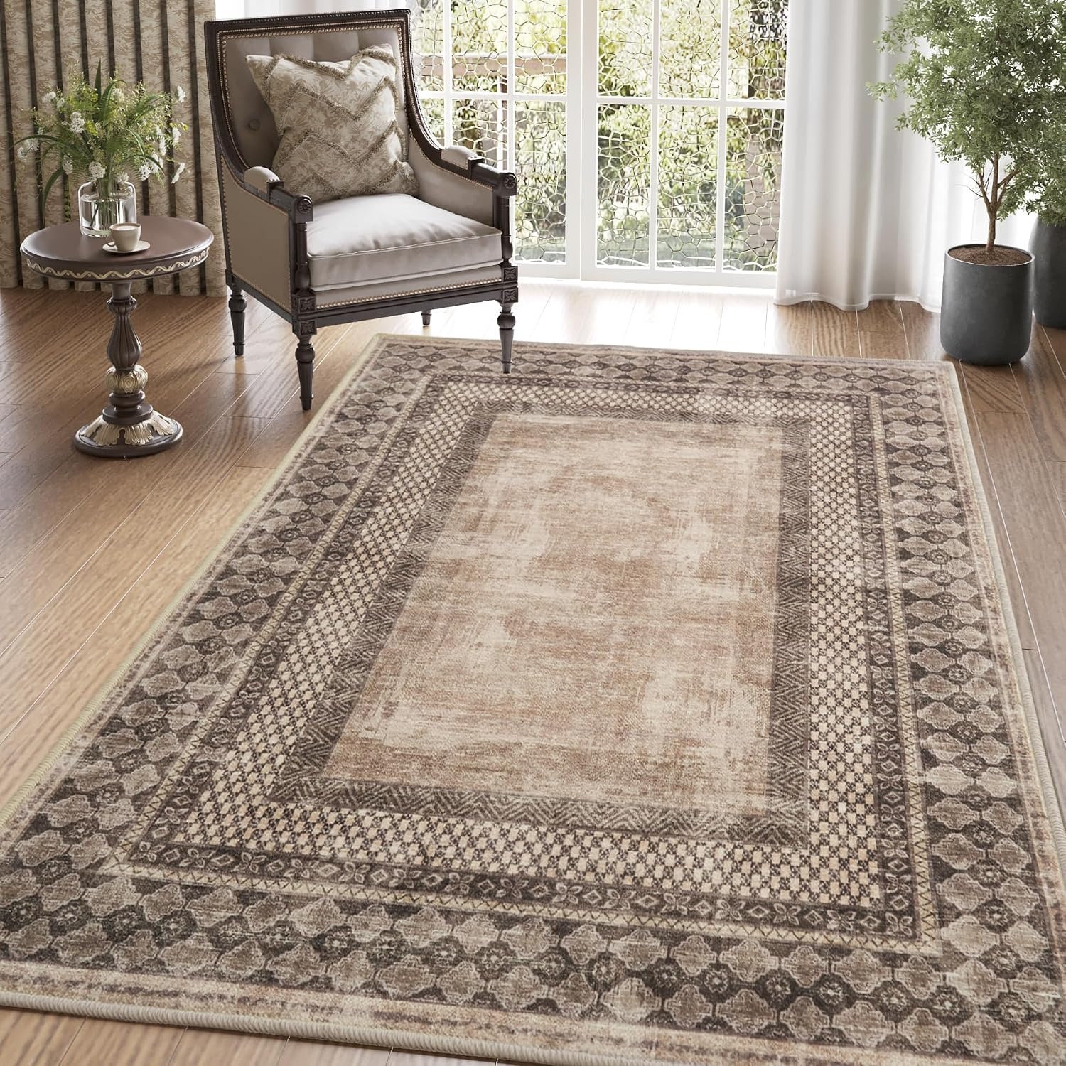 image:imageNICETOWN 8x10 UltraThin Brown Oriental Rug for Bedroom Tumble Washable Area Rugs 8x10 Boho NonSlip Vintage Living Room Rugs Oriental Carpet Entrance for Kitchen Laundry Bathroom BedroomBrown