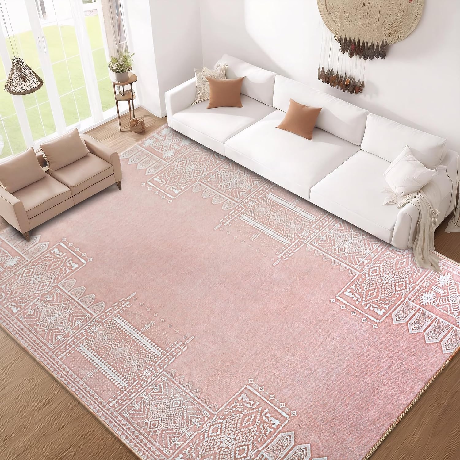 image:imageNICETOWN 8x10 UltraThin Brown Oriental Rug for Bedroom Tumble Washable Area Rugs 8x10 Boho NonSlip Vintage Living Room Rugs Oriental Carpet Entrance for Kitchen Laundry Bathroom BedroomPink