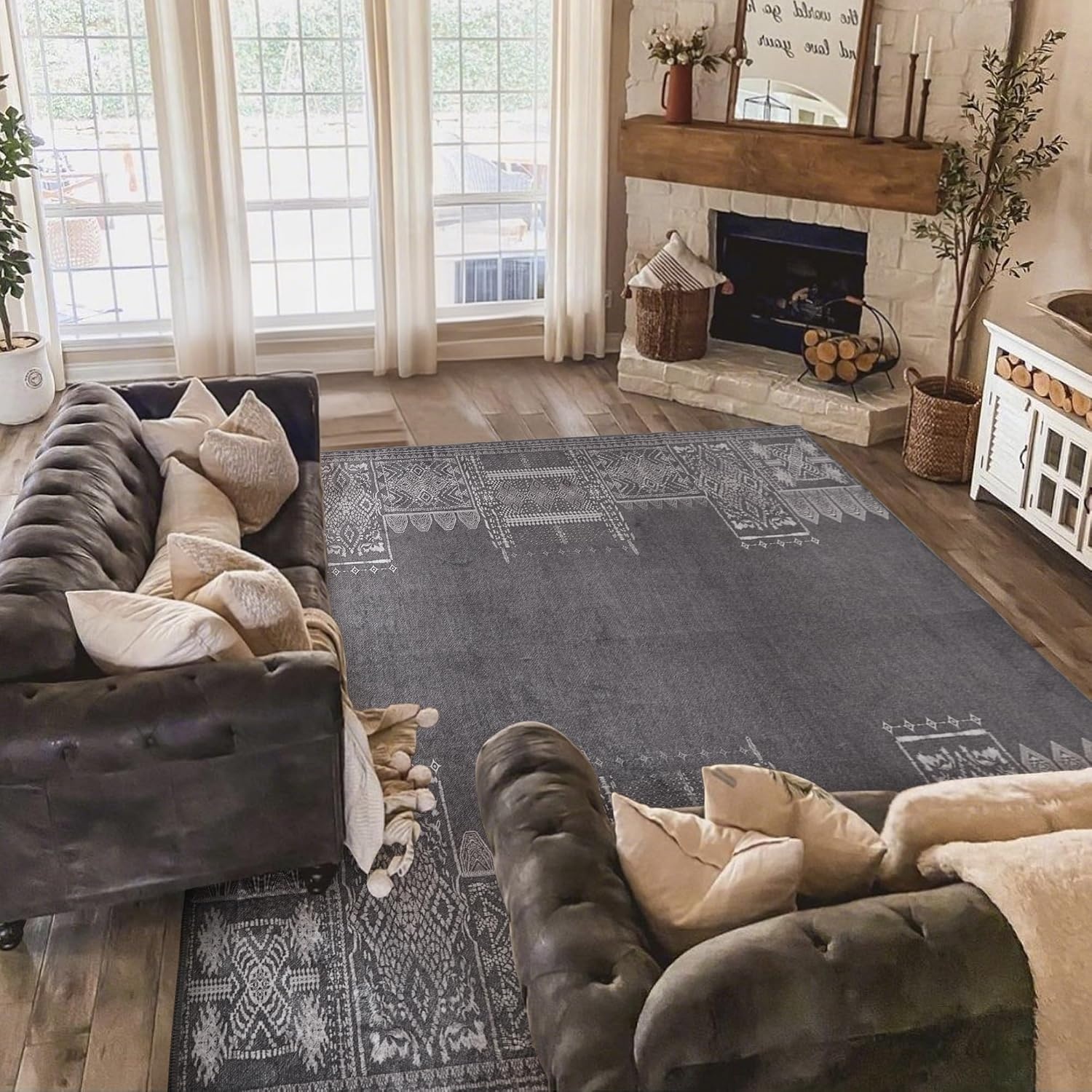 image:imageNICETOWN 8x10 UltraThin Brown Oriental Rug for Bedroom Tumble Washable Area Rugs 8x10 Boho NonSlip Vintage Living Room Rugs Oriental Carpet Entrance for Kitchen Laundry Bathroom BedroomDark Grey