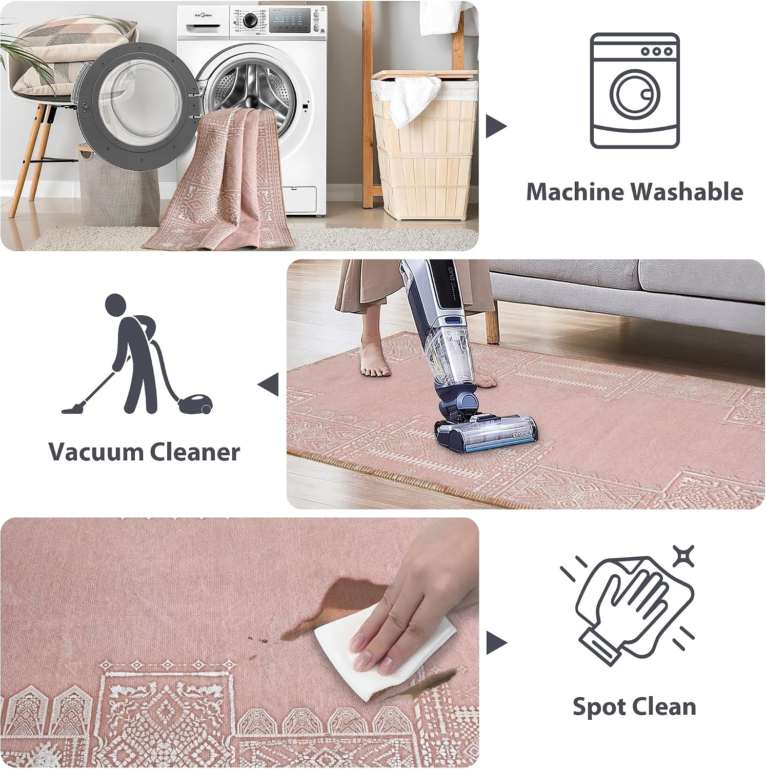 image:imageNICETOWN 8x10 UltraThin Brown Oriental Rug for Bedroom Tumble Washable Area Rugs 8x10 Boho NonSlip Vintage Living Room Rugs Oriental Carpet Entrance for Kitchen Laundry Bathroom BedroomPink