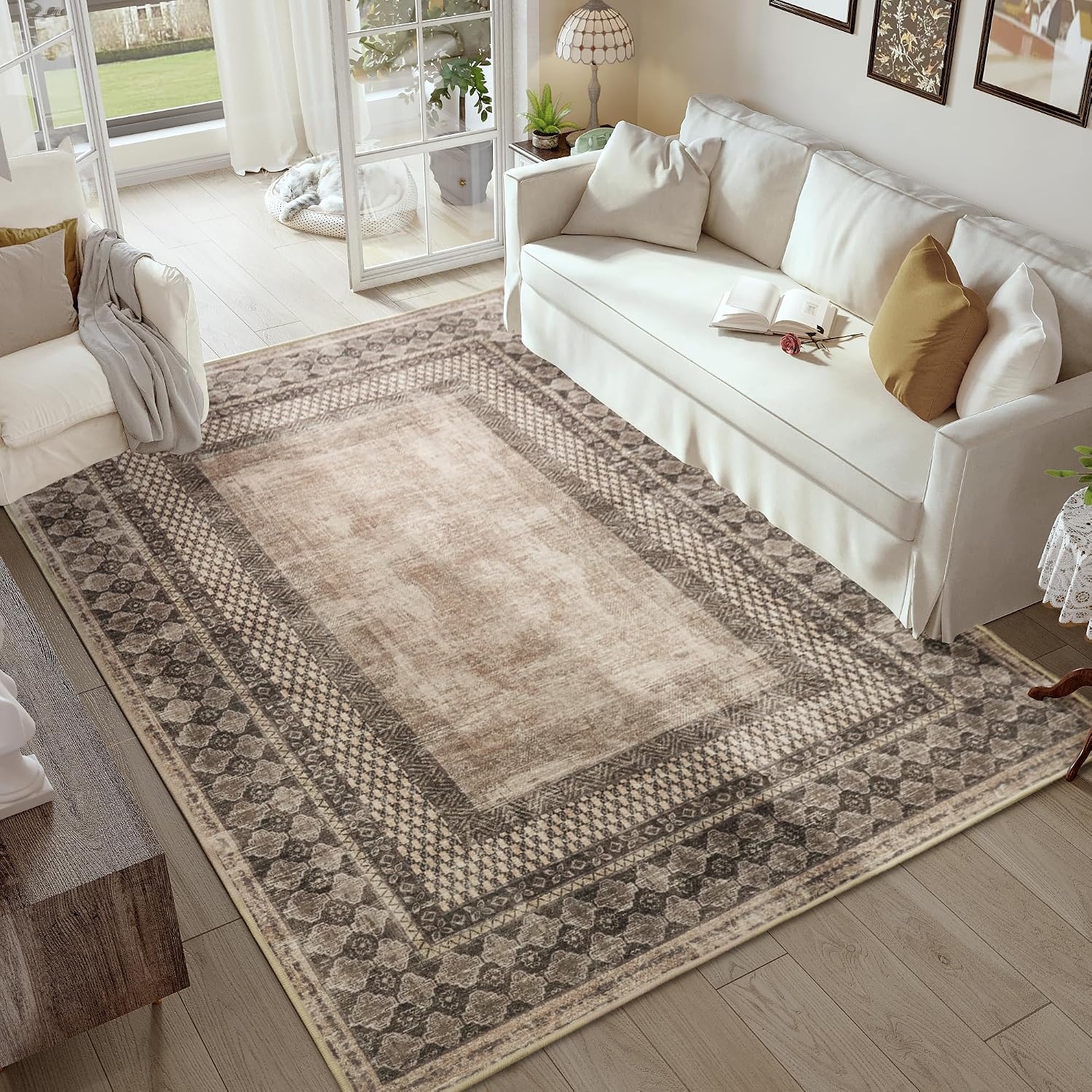 image:imageNICETOWN 8x10 UltraThin Brown Oriental Rug for Bedroom Tumble Washable Area Rugs 8x10 Boho NonSlip Vintage Living Room Rugs Oriental Carpet Entrance for Kitchen Laundry Bathroom BedroomBrown