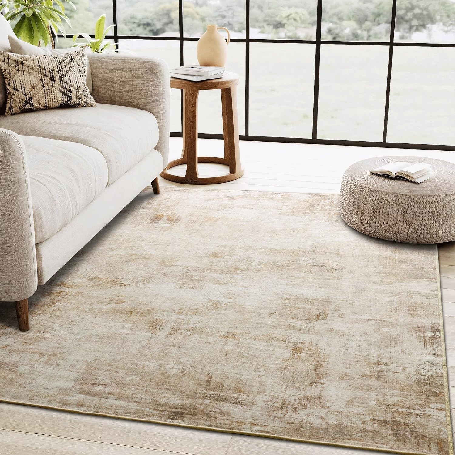 image:imageNICETOWN 8x10 UltraThin Brown Oriental Rug for Bedroom Tumble Washable Area Rugs 8x10 Boho NonSlip Vintage Living Room Rugs Oriental Carpet Entrance for Kitchen Laundry Bathroom BedroomSandy Yellow