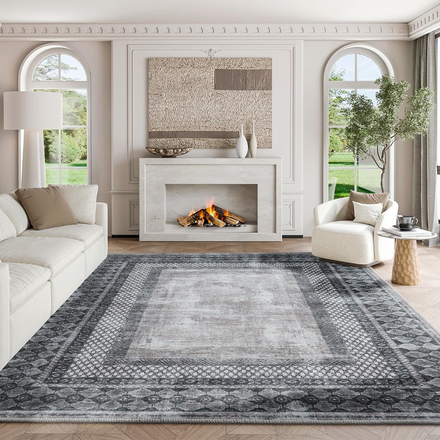 image:imageNICETOWN 8x10 UltraThin Brown Oriental Rug for Bedroom Tumble Washable Area Rugs 8x10 Boho NonSlip Vintage Living Room Rugs Oriental Carpet Entrance for Kitchen Laundry Bathroom BedroomGrey