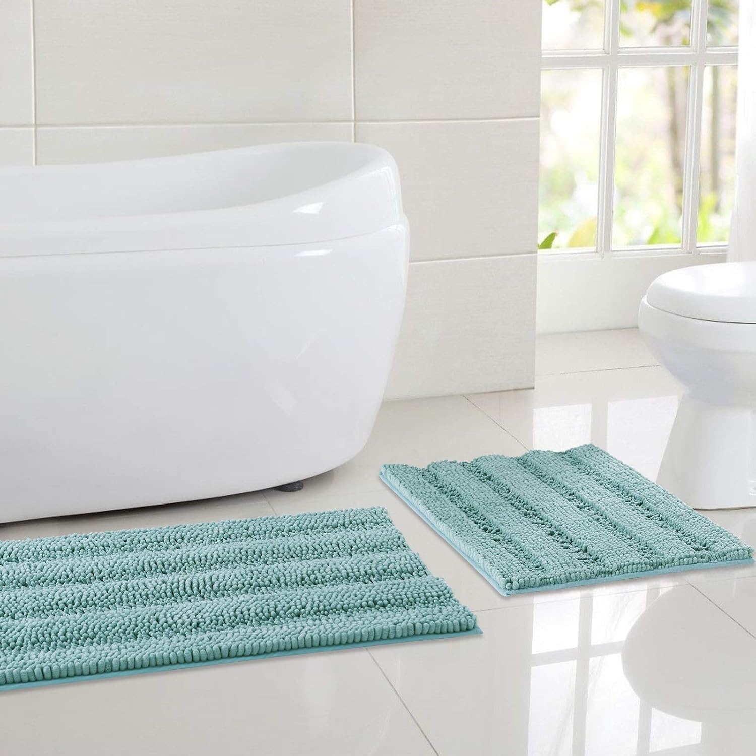 image:imageNICETOWN Black Bathroom Floor Mat AntiSlip Soft Living Room Bedroom Mat Floor Water Absorbent LowProfile Rug Doormat for Entry Mud Room Mat Back Door High Traffic Areas 47 x 24 inchesEggshell Green